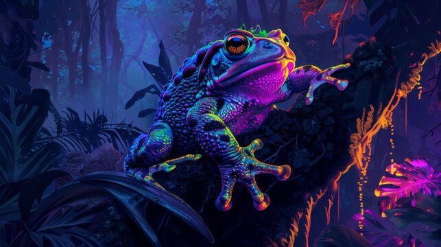 A neon-colored frog set against an enchanting forest backdrop, where vibrant colors and surreal lighting create a lifelike image that feels both wild and imaginative.