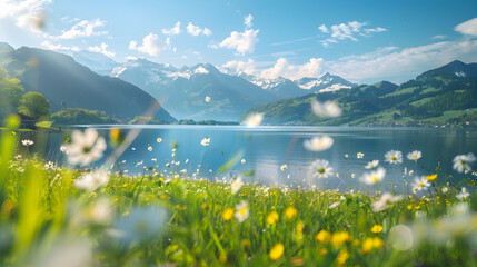 Idyllic summer landscape with a flower meadow snowy mountains and a blue lake Zell am See Pinzgau Salzburger Land Austria Europe : Generative AI