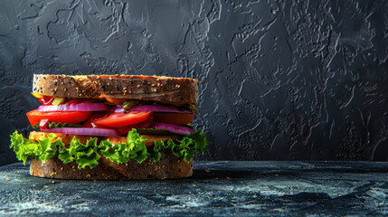 Poster - Close-up of a BLT sandwich with bacon, lettuce, and tomato on whole grain bread. Perfect for food and culinary presentations.