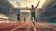 © alan - Create an image of a victorious moment at the finish line of a track and field event during the Paris 2024 Olympic Games.