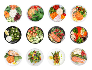 Wall Mural - Set of different healthy meals on white background, top view