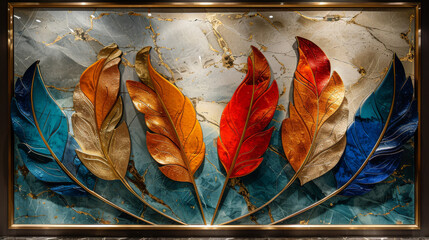 Wall Mural - panel wall art, wall decoration, marble background with feather designs