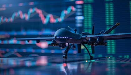 A military drone positioned in front of a background displaying stock market charts, combining modern technology with financial data visualization in an artistic approach.