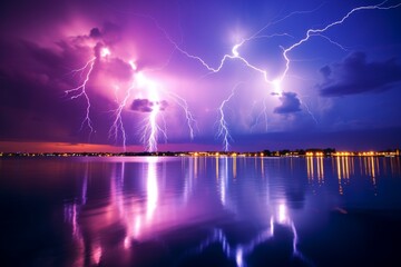 Urban cityscape with buildings lit up by dramatic lightning strikes in the night sky