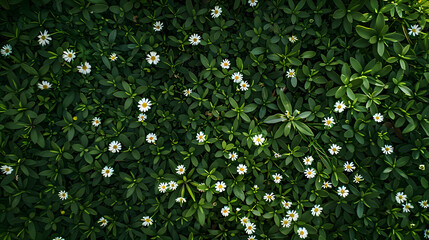 Top view of green grass and small daisy flowers background : Generative AI