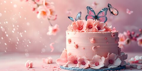 Poster - Pastel aquarelle cake with butterflies and flowers on peach pink background. Concept Pastel Aquarelle Cake, Butterflies, Flowers, Peach Pink Background