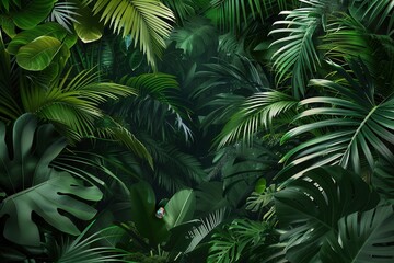 A close-up view of the dense foliage in a tropical rainforest, showcasing the vibrant greens and intricate textures of the plant life. Generative AI