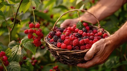 Canvas Print - Hands holding wicker basket full of freshly picked mixed berries in garden