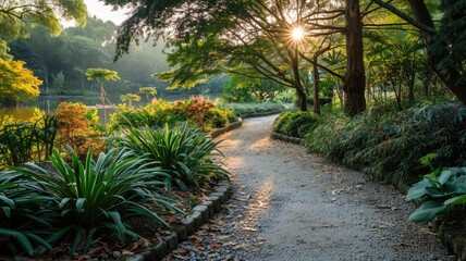 Wall Mural - Sunrise over serene park path with lush greenery and flowers
