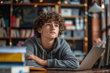 education laptop student teenager studying boy learning homework idea thinking dreaming student thoughtful looking education inspiration study young, Generative AI