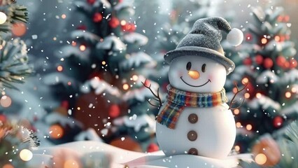 Poster - Cute Cartoon Christmas Snowman Character. Holiday Christmas Greeting Card Background Loop