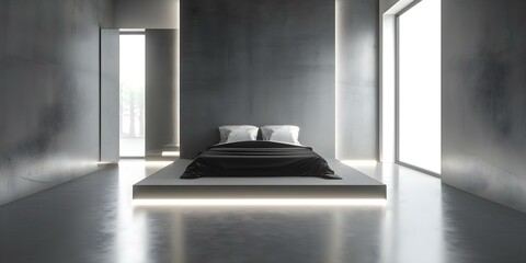 Wall Mural - Contemporary bedroom with custom platform bed LED lights concrete floors mirrors. Concept Contemporary Bedroom Design, Custom Platform Bed, LED Lighting, Concrete Floors, Mirrors
