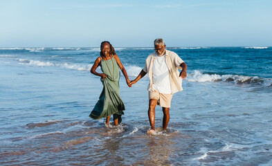 Wall Mural - Joyful senior couple walking by the sea