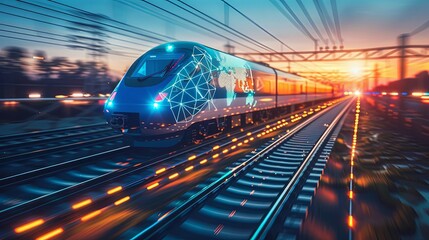 Wall Mural - a high-tech train with glowing features captured moving at high speed through a scenic landscape dur