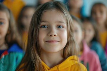 Poster - A little girl is standing in front of a group of children. Generative AI.