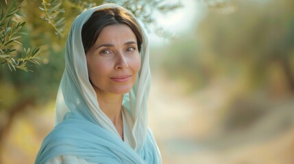 Canvas Print - A woman in a blue shawl standing next to an olive tree. AI.