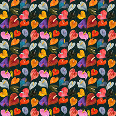 Wall Mural - Vibrant anthurium flowers in various colors on a dark background.