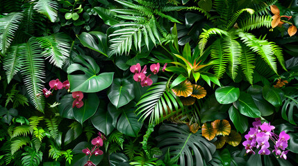 Poster - Plant wall with lush green colors variety plant forest garden on walls orchids various fern leaves jungle palm and flower decorate in the garden rainforest background : Generative AI