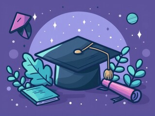 Poster - Graduation Cap, Diploma, Book and Leaves Illustration.