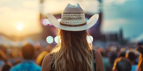 Back view of a young American woman wearing a cowboy hat at a country music concert. Concept Country music concert, Cowboy hat, American woman, Back view, Young artist