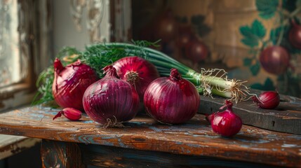 Wall Mural - Red onions on wooden table