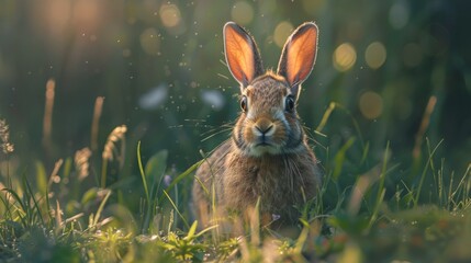 Wall Mural - Hare in a meadow at sunset