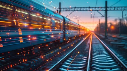 Wall Mural - A fast-moving train is captured on tracks at dusk, complemented with abstract digital elements and light trails that enhance the sense of speed and futuristic travel.