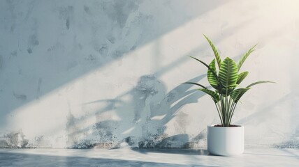 Wall Mural - Indoor plant in white pot against textured wall with sunlight casting shadows