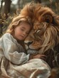 © Cary - girl hugging lion field friend intimately holding close wearing crown furry creatures asleep healer jungle little remaining