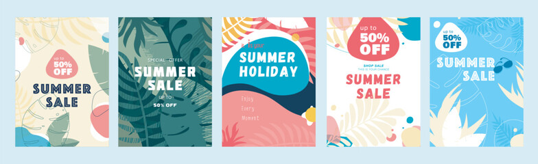 Aufkleber - Summer sale cover brochure set in trendy flat design. Summertime banner templates with decorative jungle foliage, abstract palm tree leaves and simple plants with shopping promo. Vector illustration.