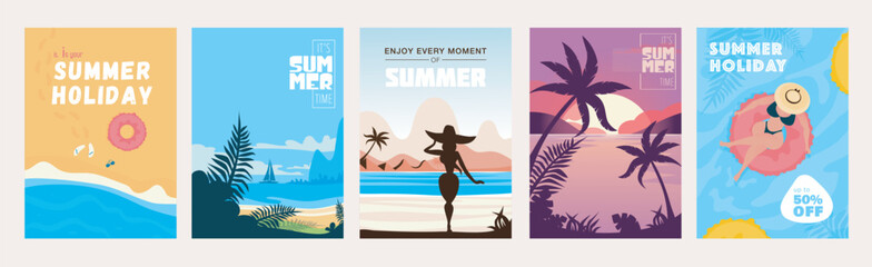 Aufkleber - Summer sale cover brochure set in trendy flat design. Summertime banner templates with exotic ocean beach, yacht swimming, woman in swimsuit at resort, palm trees in sunset. Vector illustration.