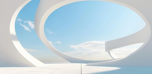 Wall Mural - Abstract background with blue sky and curved white architecture. White stripe pattern on a futuristic background. Texture Flow Backgrounds Color Speed Abstraction Curve Backdrop