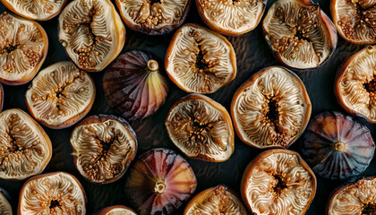 Wall Mural - Many tasty dried figs as background, top view