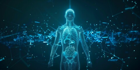 Wall Mural - Holographic Human Body with Detailed Anatomy A highly detailed 3D hologram of a human body showing internal anatomy glowing with neon blue 