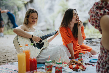 Two girls having a picnic with guitar music, drinks, and snacks outdoors on a sunny day, creating a fun and relaxed atmosphere.