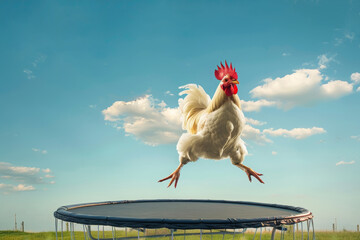 Wall Mural - White rooster jumping on trampoline. Ai generative art