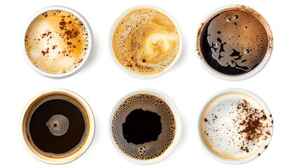 Wall Mural - Aromatic coffee foam isolated on white, set. Top view