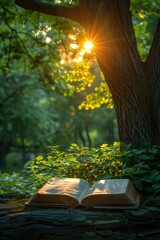 book sitting tree stump sun shining leaves engines open page surface scattering oasis regeneration s