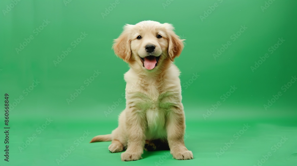 Adorable golden retriever puppy sitting on a green background. The ...
