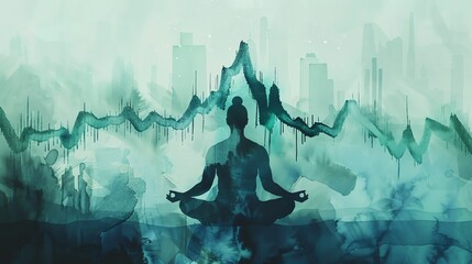 Wall Mural - Finding inner peace amidst the chaos of city life. Meditating woman with cityscape in the background.