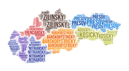 Slovakia region word cloud. Country shape design. Slovakia colored illustration. Region names collage cloud. Vector illustration.