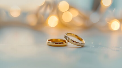 Wall Mural - Gold wedding rings in a macro shot Blurred background Details Elegant wedding rings for the bride and groom with highlights selective focus : Generative AI