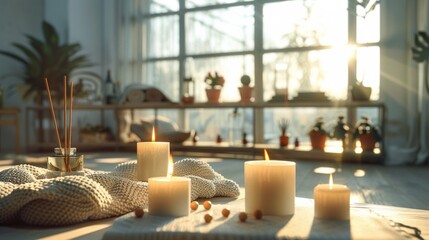 A modern interior room with burning candles.