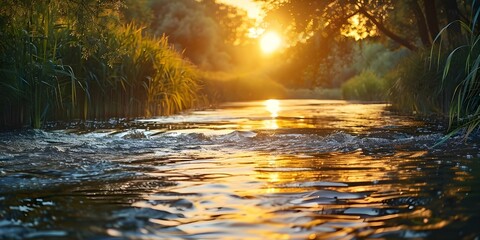 Wall Mural - Tranquil river at sunset with reed meadow golden light reflecting on water. Concept River Views, Sunset Photography, Golden Hour, Reflective Waters, Nature Landscape