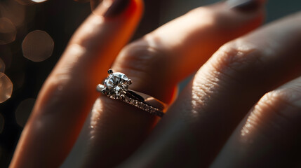 Closeup of an elegant diamond ring on the finger of a woman with a modern manicure Love and wedding concept Soft and selective focus : Generative AI