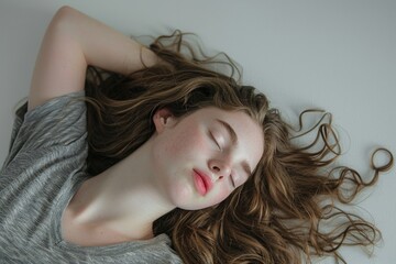 Canvas Print - A woman relaxing on the floor with her eyes closed, possibly meditating or sleeping