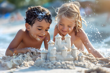 Wall Mural - Two children building a sandcastle on the beach. Summer, holiday and vacation concept.
