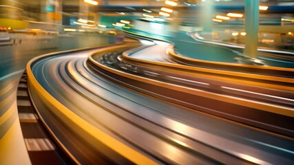 Sticker - A train is seen traveling through a train station, creating a blurred effect in the video, Conveyor belts humming with activity