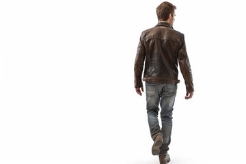 Canvas Print - A person in a leather jacket is walking towards the camera, with a casual and confident stride