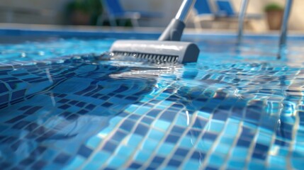 Wall Mural - A person is cleaning a swimming pool with a brush, one informative phrase about what pictured on image and a one phrase with a short advice of where may be used this picture